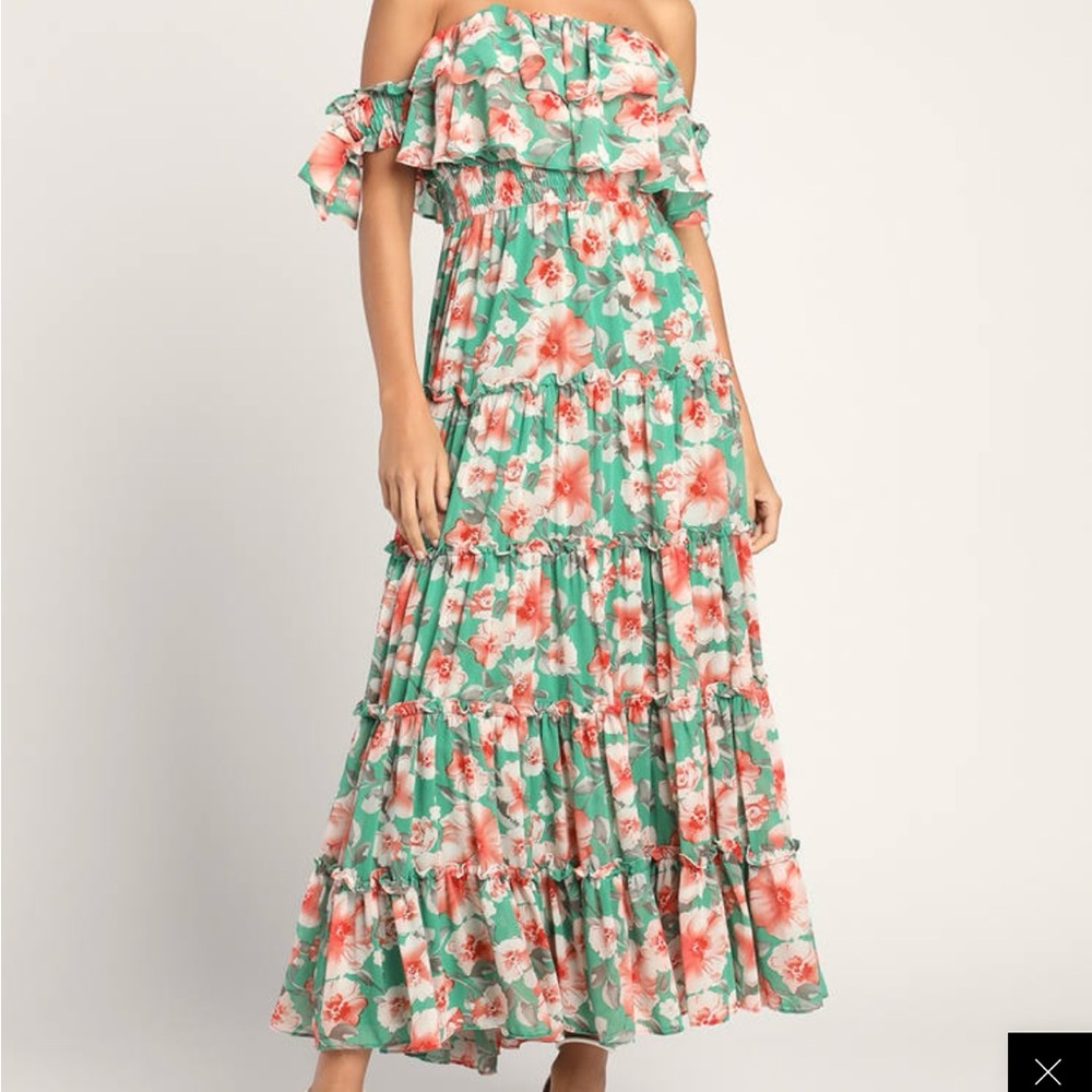 Lulus Chance for Us Green floral off shoulder maxi dress. Size Medium NWT